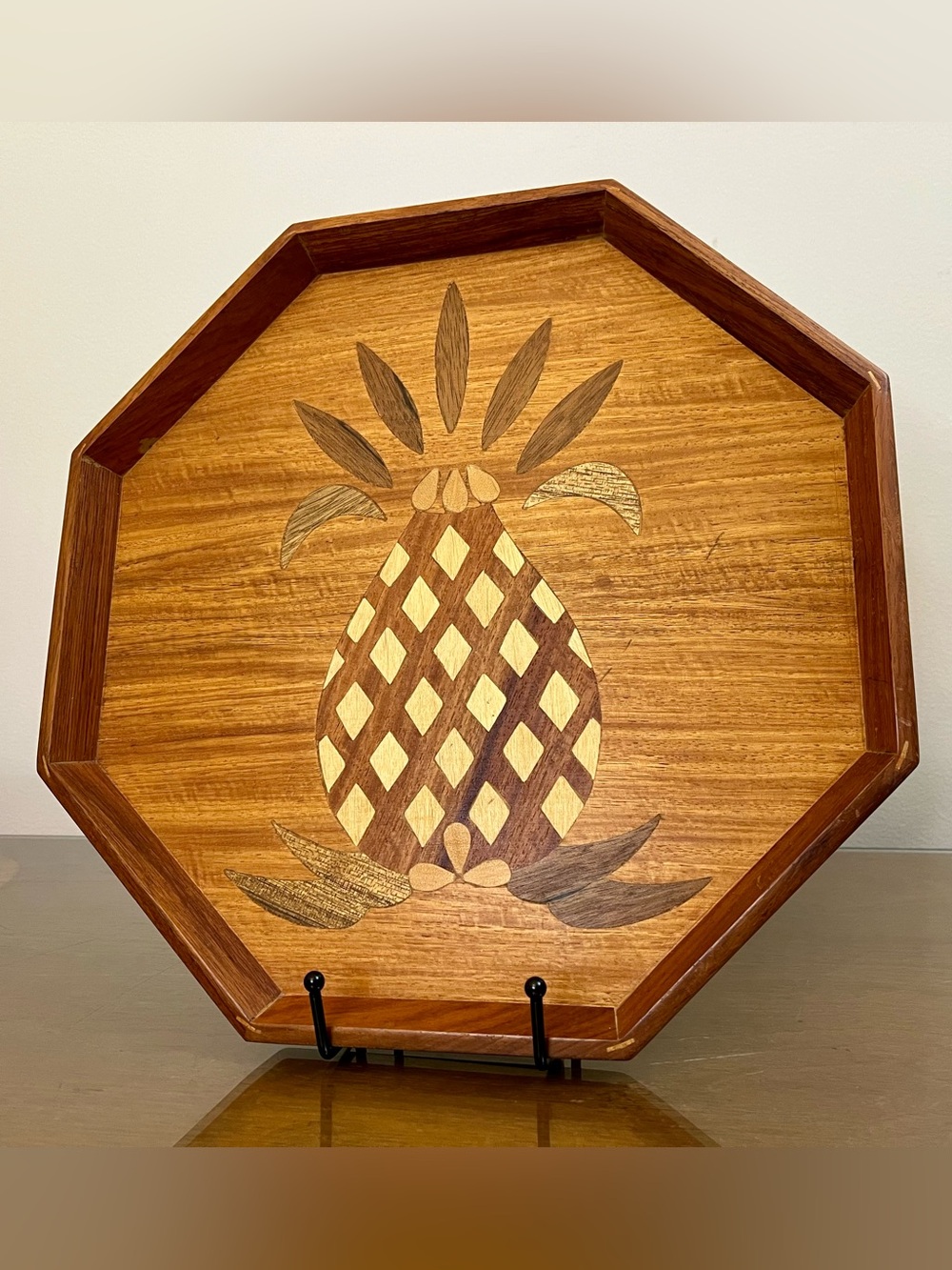 Octagon Inlaid Wood Marquetry 12-1/2” Serving Tray w/ Pineapple Inlay, Vintage